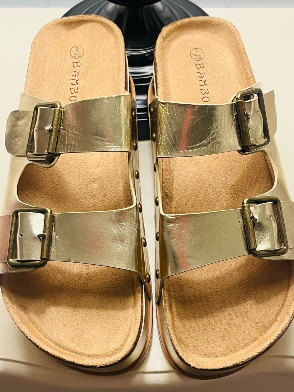 Bamboo Gold Metallic Double Buckle Platform Sandals size 8